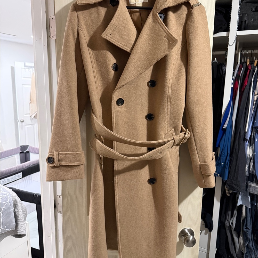 Michael Kors women Camel Double-Breasted Pea Coat.